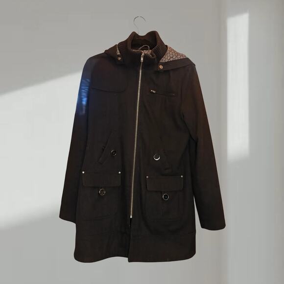 Tulle Coat - Men’s Hooded Wool-Blend Jacket – Dark Brown / Charcoal (Size L) - Picture 2 of 5